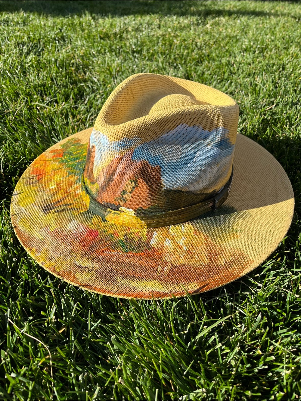 Hand-Painted Yellow Straw Fedora Hat with Landscape Art
